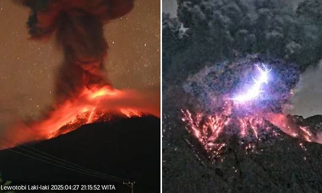 지난 4월&nbsp;27일·5월 19일(현지시간) 인도네시아 소순다열도 인근 동누사트가라주(NTT) 동부플로레스군에 위치한 르워토비 라키라키 화산이 분화하는 모습. 세계일보 자료사진&nbsp;