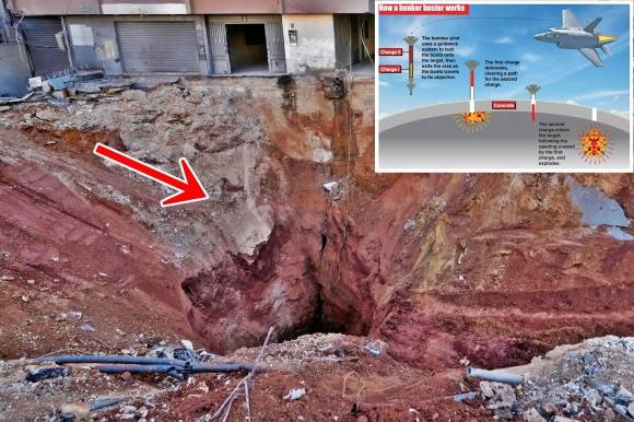 29일(현지시간) 레바논 수도 베이루트 남부 교외의 헤즈볼라 수장 하산 나스랄라 폭사 현장에 사람들이 모여 있다. 거대 흙구덩이는 이스라엘군이 투하한 907㎏급 벙커버스터 BLU-109 흔적. 오른쪽 위는 미국 벙커버스터 GBU-97 운용 원리. 2024.9.29 AP 연합뉴스