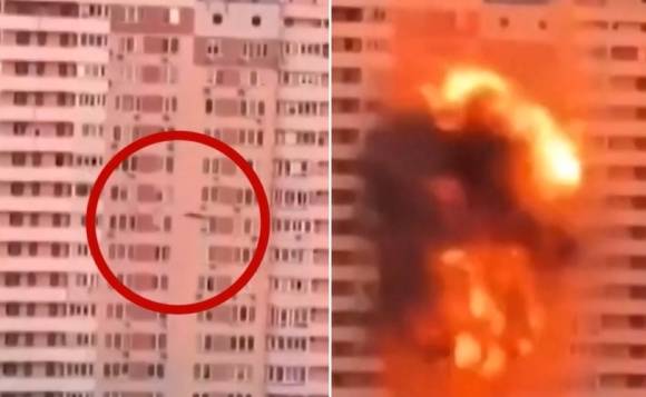 현지시간으로 17일 우크라이나 수도 키이우를 겨냥한 러시아군의 대규모 미사일 및 드론 공격이 이어지는 가운데, 러시아군이 발사한 이란제 샤헤드 드론이 건물을 향해 다가가고 있다. 텔레그램 영상 캡처