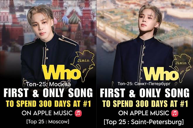 방탄소년단 지민 'Who' 애플뮤직 모스크바 차트 300일째 1위