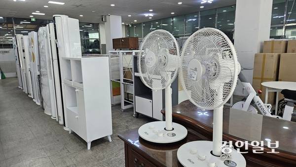 수원의 한 중고가전 매장에 선풍기와 에어컨이 전시되어 있다.2025.6.19 /김지원기자 zone@kyeongin.com