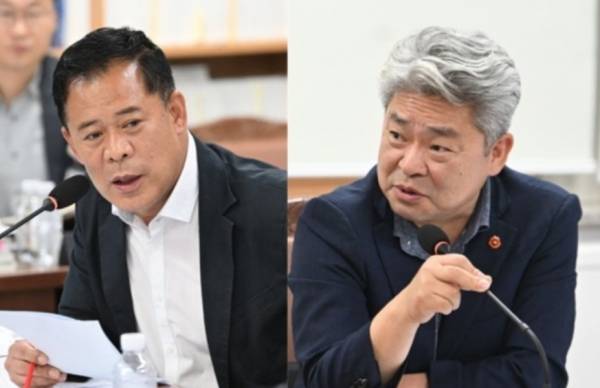 제주도의회 문화관광체육위원회 소속 김대진 의원(더불어민주당·동홍동.왼쪽)과 강철남 의원(더불어민주당·연동을)이 18일 질의하고 있다.