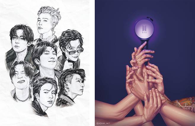 (좌) ‘7 Legends’, 2025, Digital print from pencil drawing with digital editing © Kiyoshith Courtesy of the artist and 25thhourcollective (우) ‘Bound by Light’, 2024, Digital painting © Madina Minvaleeva Courtesy of the artist and 25thhourcollective