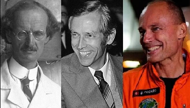 스위스가 자랑하는 세계적인 모험가 피카르 집안 3대. 왼쪽부터 1대 오귀스트, 2대 자크, 3대 베르트랑. 위키미디어 코먼스