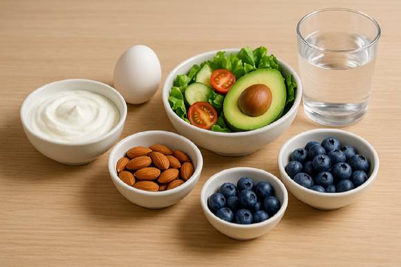 이 원장은 아침 공복에 먹으면 좋은 음식으로 그릭요거트, 달걀, 아몬드, 아보카도 샐러드, 블루베리, 물을 추천했다. 사진은 AI가 생성한 이미지로, 이 원장이 소개한 음식들. [사진=챗GPT]