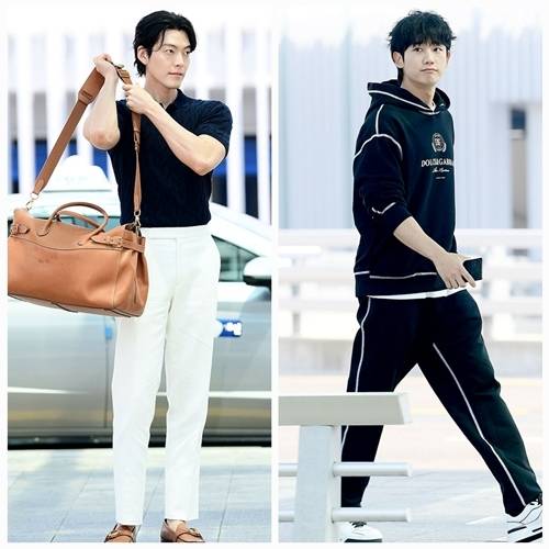 배우 정해인과 김우빈이 18일 나란히 인천공항에 모습을 드러냈다. 사진=김영구 기자