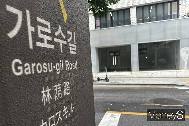 신사동 가로수길 메인거리에 건물 1층이 통으로 공실로 비어있다. /사진=장동규 기자