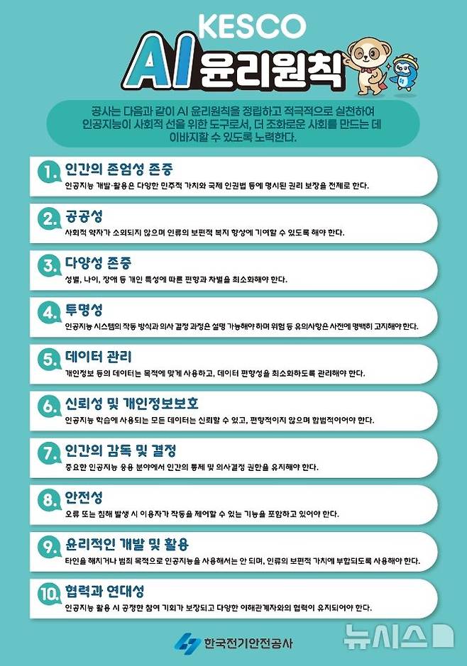 [전주=뉴시스]윤난슬 기자 = 한국전기안전공사는 인공지능(AI) 기술의 사회적 확산에 대응해 기술 활용의 윤리적 기준을 정립하기 위한 'AI 윤리원칙'을 제정했다고 19일 밝혔다. (사진=전기안전공사 제공) photo@newsis.com