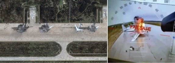 6월 1일(현지 시간) 우크라이나군의 드론 공습으로 파괴된 러시아 이르쿠츠크주 벨라야 공군기지 내 폭격기 잔해(왼쪽)와 공격 당시 모습. 뉴시스