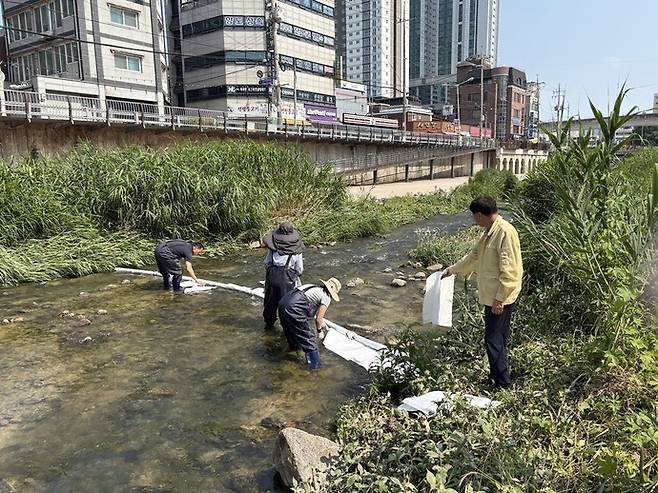 의정부시가 시청 앞 백석천 일대에서 수질오염 사고에 대비한 방제훈련을 실시했다. 사진=의정부시청