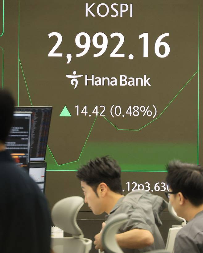 20일 서울 중구 하나은행 본점 딜링룸에서 직원들이 증시와 환율을 모니터하고 있다. (사진=연합뉴스)