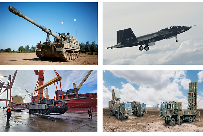 맨 위 왼쪽부터 시계 방향 순서대로 한화에어로스페이스 K9 자주포, KAI KF-21, LIG넥스원 천궁Ⅱ, 현대로템 K2 전차. [각 사 제공]