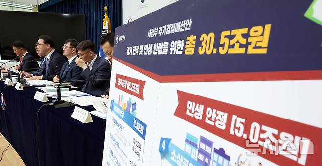 [세종=뉴시스] 강종민 기자 = 유병서 기획재정부 예산실장이 지난 18일 세종시 정부세종청사에서 총 30.5조원 규모로 편성된 새정부 추가경정예산안을 설명하고 있다. 2025.06.19. ppkjm@newsis.com