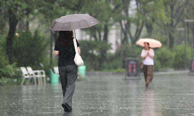 장마가 시작되며 서울 전역에 호우주의보가 내려진 20일 서울 광화문광장에서 우산을 쓴 시민들이 출근하고 있다. 뉴스1