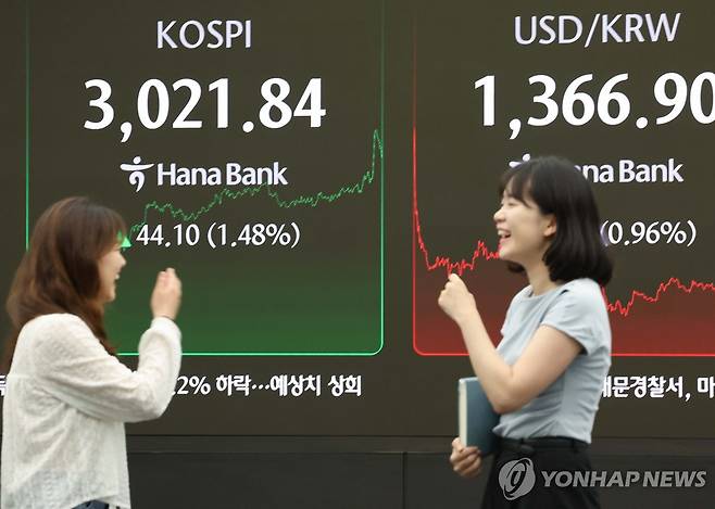 코스피 종가도 3,000선 돌파 (서울=연합뉴스) 서명곤 기자 = 코스피 종가가 3,000선을 돌파한 20일 서울 중구 하나은행 딜링룸에서 딜러들이 대화하고 있다. 2025.6.20 seephoto@yna.co.kr
