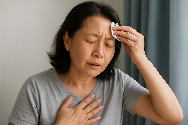 식은땀을 닦는 여성