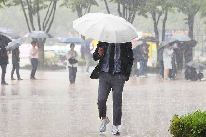 서울 광장에서 우산을 쓴 시민들이 발걸음을 재촉하고 있다. /연합뉴스