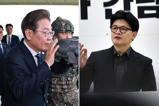 지난 6월13일 경기도 연천군 육군 제25사단 비룡전망대를 방문한 이재명 대통령의 모습, 오른쪽은 국민의힘 21대 대선 경선 후보일 당시의 한동훈 국민의힘 전 대표.<연합뉴스 사진·페이스북 한동훈 official 사진 갈무리>