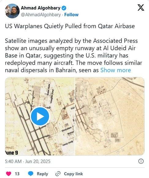 [서울=뉴시스]카타르의 주요 미군 기지에 있던 미군 항공기 수십대가 활주로에서 사라진 것으로 19일 촬영된 위성사진에서 나타났다고 '타임스 오브 이스라엘'이 20일 보도했다. <사진 출처 : 타임스 오브 이스라엘> 2025.06.21. /사진=뉴시스