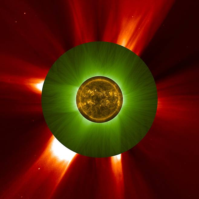 유럽우주국의 3개 위성이 촬영한 태양을 조합한 사진. 맨 안쪽은 프로바 2호 위성이 찍은 태양, 가운데는 이번에 프로바 3오 위성이 찍은 태양 코로나, 맨 바깥쪽은 소호 위성이 찍은 태양 코로나다. 유럽우주국 제공