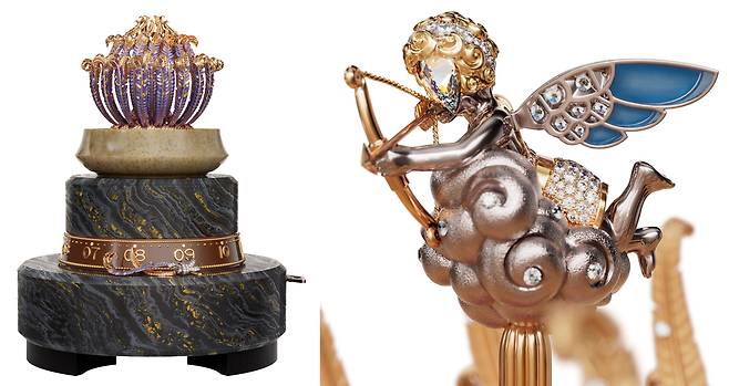 탁상시계 상단 꽃봉오리가 열리며 보석으로 치장한 큐피드가 등장하는 네상스 드 라무르 오토마통. 사진 반클리프 아펠