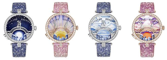 핑크 또는 블루 사파이어를 브레이슬릿에 세팅해 하이 주얼러로서의 공력을 보여주는 모델이다. 새벽부터 밤까지 시간의 흐름을 다이얼 위에 보여주었다. 사진 반클리프 아펠