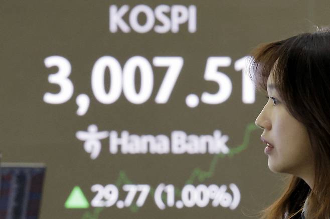 코스피 지수가 전 거래일보다 상승해 장중 3000포인트를 넘어선 29일 서울 중구 하나은행 딜링룸에서 딜러들이 업무를 보고 있다./사진=뉴시스