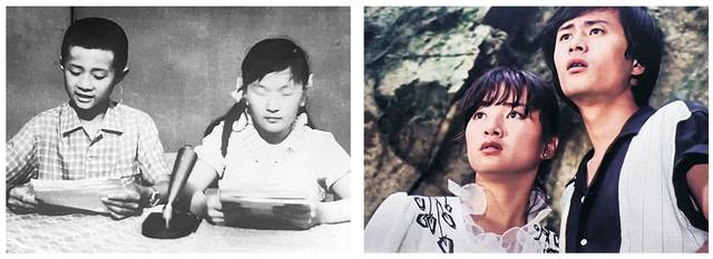 왼쪽 사진은 그가 8세 때 아역 성우로 데뷔할 때. 오른쪽은 1982년 TV문학관 ‘어떤 여름방학’에서 정윤희 배우와 함께한 모습.