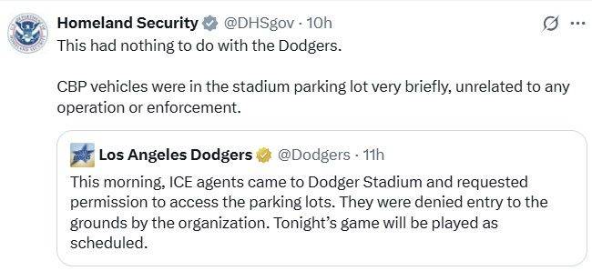 [서울=뉴시스] 미 국토안보부(DHS)가 "다저스타디움에 있던 요원들은 ICE 출신이 아니며, 그들은 이민 단속과 아무런 관련이 없다"고 LA다저스의 게시글에 대해 해명했다. (사진=미 국토안보부 엑스 캡처) 2025.06.20 *재판매 및 DB 금지