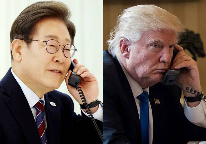 이재명 대통령과 도널드 미국 트럼프 대통령이 지난 6일 양국 정산 간 첫 통화를 하고 있다.(사진=연합뉴스, AFP)