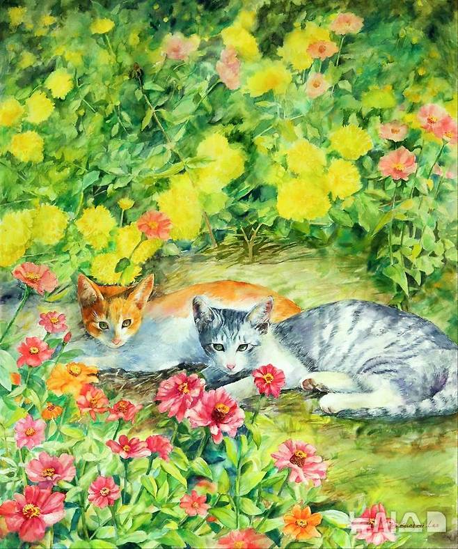 [제주=뉴시스] 제주시 애월읍 신엄리 '꽃담정원'에서 영감을 얻어서 그린 이경미씨 작품. (사진=이경미씨 제공) photo@newsis.com