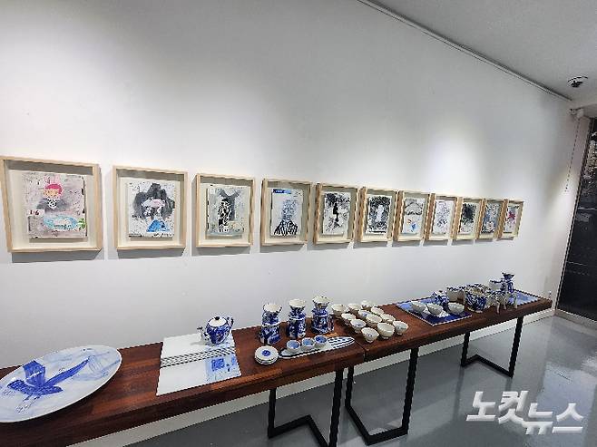 언뜻 보면 어린아이가 그린 것 같은 그림의 연작 11점의 제목은 '또 다른 시간, 또 다른 장소(Another time, Another place)'. 발달장애 어린이가 그린 밑그림 위에 정길영의 작품이 더해졌다. 곽인숙 기자