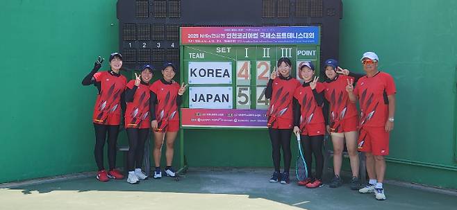 여자 단체전 결승에서 한국을 넘어 우승을 차지한 일본 선수단. 협회