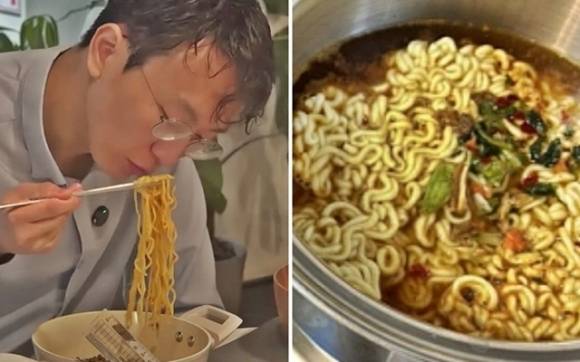 10일 유튜브 채널 ‘슬슬: 슬로우 라이프’에 출연한 정희원 서울아산병원 노년내과 교수가 라면을 끓여먹고 있다. 오른쪽은 정 교수가 2024년 2월 공개한 조리 라면. 2025.6.10 유튜브, 엑스