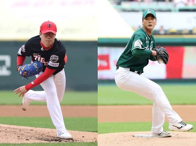 KIA 양현종(왼쪽 사진)과 SSG 김광현이 21일 인천 KIA-SSG 경기에 각각 선발 등판해 투구하고 있다. KIA 타이거즈·SSG 랜더스 제공