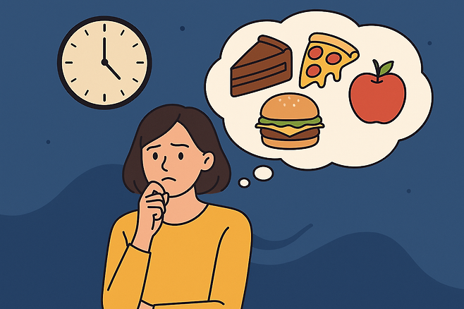 피자 사과 햄버거 케이크 등 여러가지 음식을 고민하는 생각하는 말풍선을 가진 여성 그림