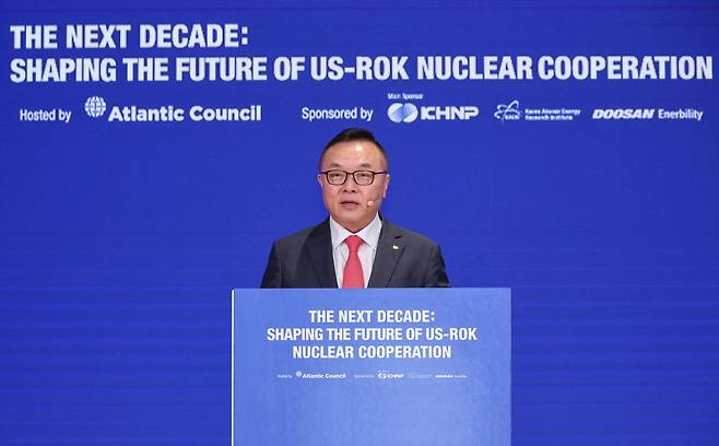 황주호 한국수력원자력 사장이 23일 '한미 민간 원자력 협력 콘퍼런스'에 참가하여 기조 발언하고 있다. (한국수력원자력 제공) 2025.06.23 /뉴스1
