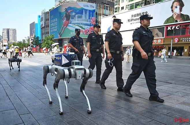 중국 청두시에서 휴머노이드 로봇이 거리 순찰에 투입된 모습. /바이두 캡처