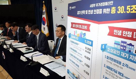 기획재정부 임기근 2차관이 정부세종청사 브리핑실에서 추가경정예산안을 설명하고 있다. 사진=연합뉴스