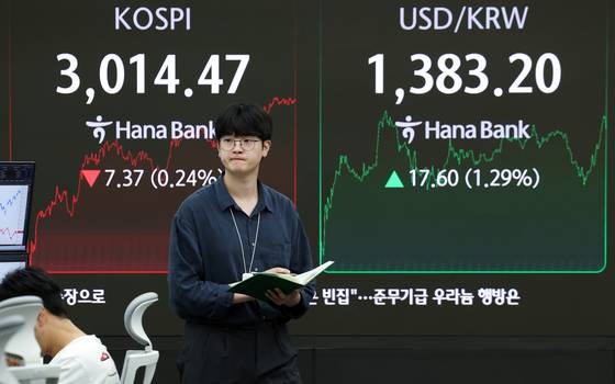 중동 정세 불안으로 주가가 하락하고 환율이 급등한 23일 오후 서울 중구 하나은행 본점 딜링룸 전광판에 코스피 종가와 환율이 표시되고 있다. 이날 코스피는 전 거래일 대비 7.37p(0.24%) 내린 3014.47, 코스닥 지수는 6.74p(0.85%) 내린 784.79로 장을 마쳤다. 뉴스1