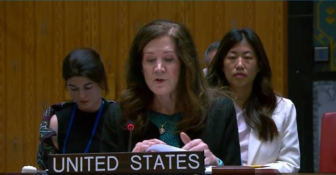 도로시 셰이 주유엔 미국 대사 대행이 22일 열린 유엔 안전보장이사회 긴급회의에서 발언하고 있다.  유엔 웹TV  캡처