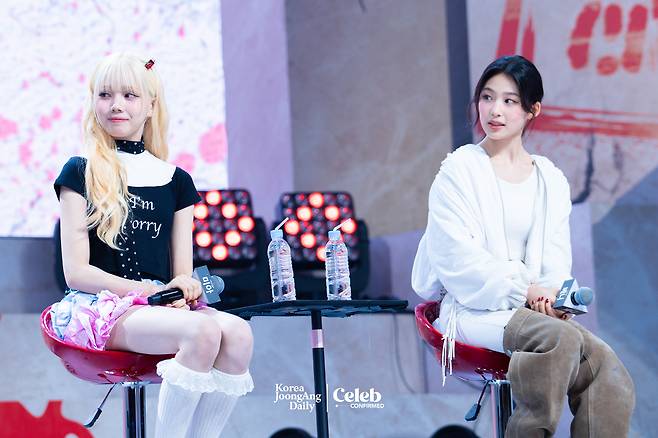 Girl group Baby DONT Cry answers reporters' questions during a a showcase for the release of its first single, “F Girl,” at Blue Square in central Seoul on June 23. [DANIELA GONZALEZ PEREZ]