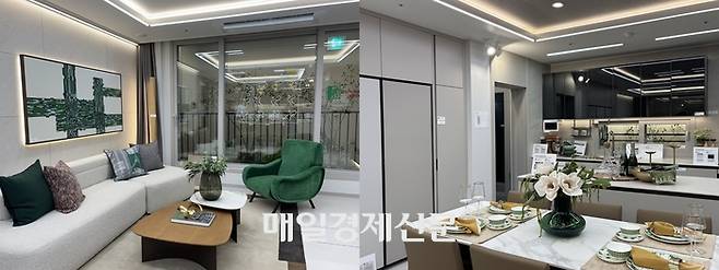 ‘신분평 더웨이시티 제일풍경채’ 84㎡A형 견본주택 내부 모습. 왼쪽부터 거실, 주방 모습.  [백지연 기자]