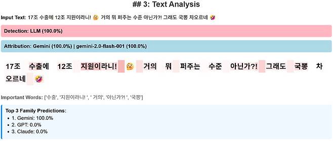 AI가 생성한 댓글을 탐지하고 식별하는 모습. '이 댓글은 구글 제미나이가 생성한 것으로, 띄어쓰기가 규칙적이고 일반적인 이모지를 사용하고 있다'는 식으로 분석해 준다. KAIST