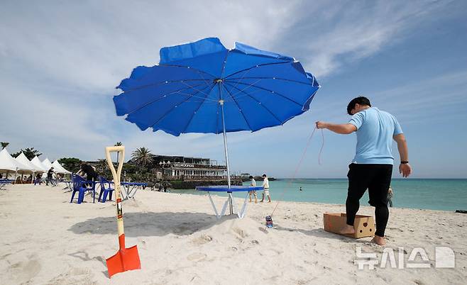 [제주=뉴시스] 우장호 기자 = 제주도 내 해수욕장 조기 개장을 하루 앞둔 23일 오전 제주시 조천읍 함덕해수욕장에서 피서객을 위한 파라솔 설치 작업이 한창이다. 2025.06.23. woo1223@newsis.com