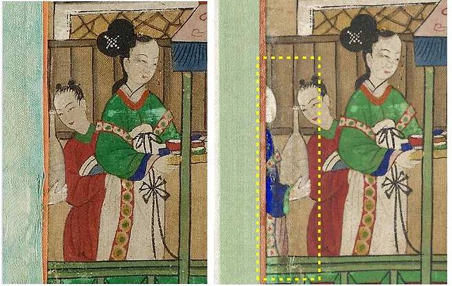 [서울=뉴시스] 구운몽도 병풍 장황 직물에 가려져 있던 그림이 발견되어, 화면을 넓혀 그림이 드러나도록 새롭게 장황함 ((왼쪽: 보존처리 전, 오른쪽: 보존처리 후) (사진=국가유산청 제공0 2025.06.23. photo@newsis.com *재판매 및 DB 금지