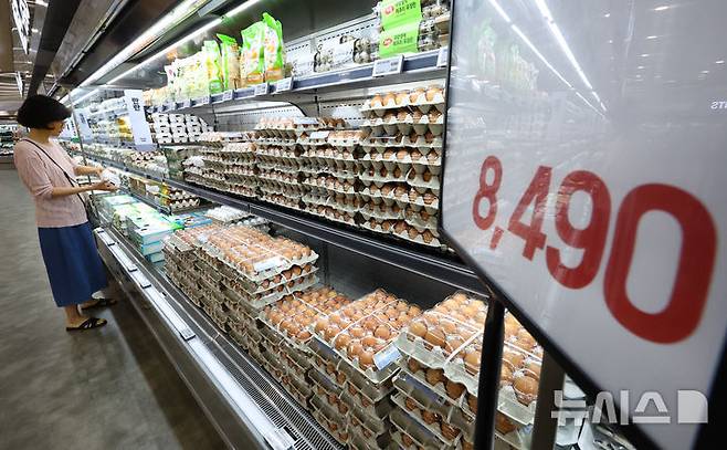 [서울=뉴시스] 황준선 기자 = 서울 시내 한 대형마트 계란 매대에 소비자들이 계란을 고르고 있다. 2025.06.09. hwang@newsis.com