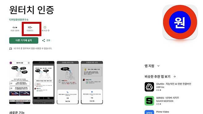 구글 플레이스토어에서 '원터치 인증' 다운로드 수가 5만 회를 넘어섰다.