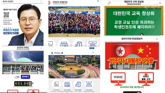 김 씨가 만든 웹사이트들의 모습. 왼쪽 위부터 '황교안 비전캠프', '부방대', '교육본질회복운동', '리박스쿨', '국민판사특별위원회', '범죄자 대통령 안돼'의 모습.