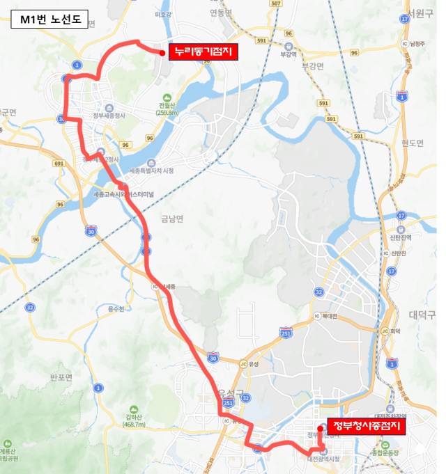 ▲대전시와 세종시가 공동 운행하게 될 대전~세종 구간 M1 버스 노선도. ⓒ대전시